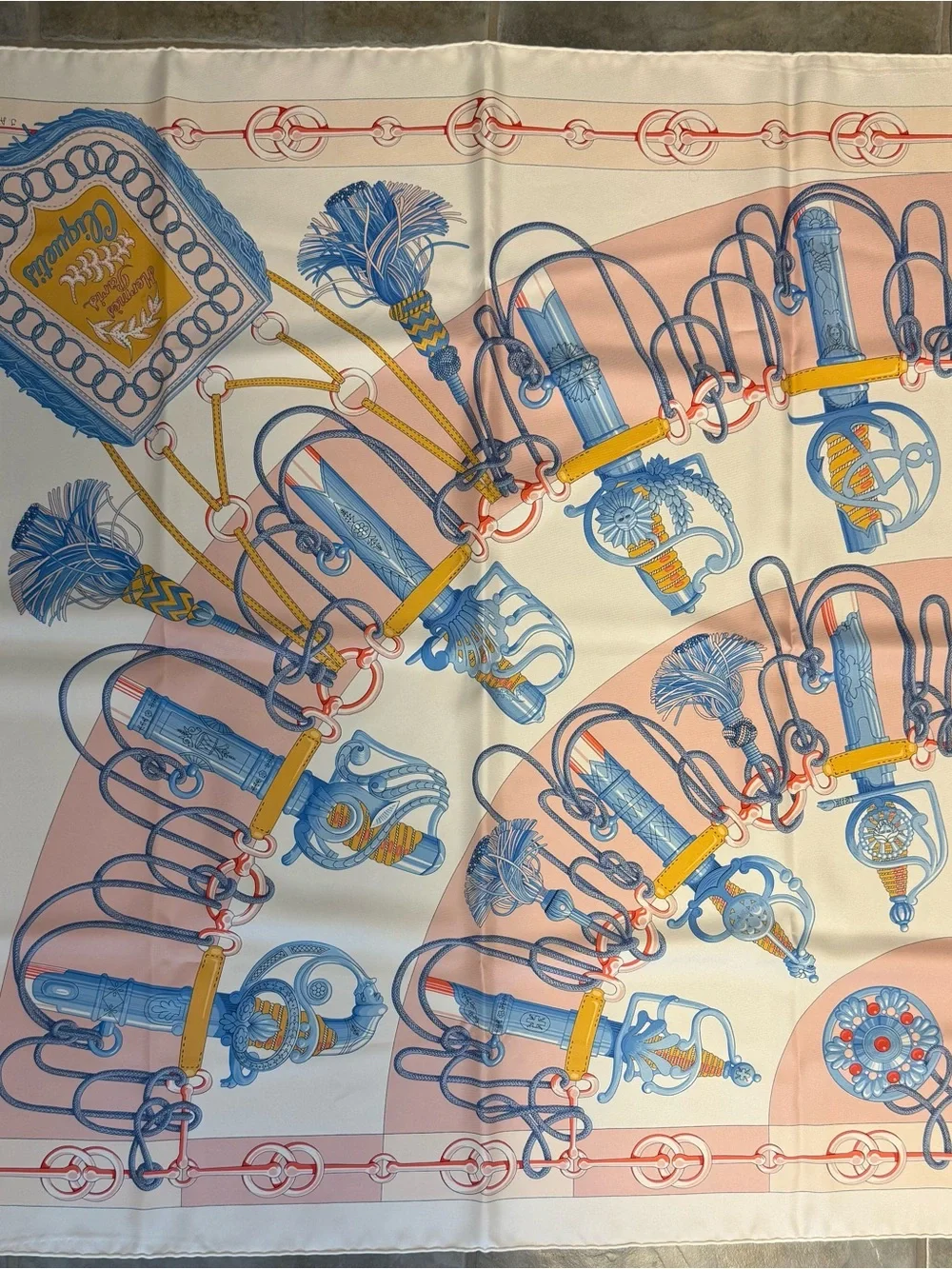 Hermes Silk Scarf in Blue, Pink, Yellow and Cream
